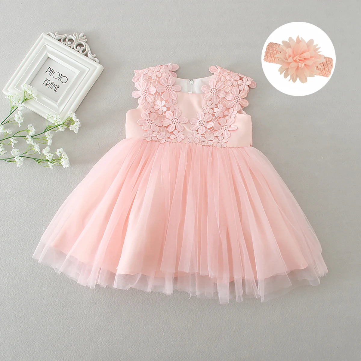 Vestido tule e renda floral - Rosa Encantado