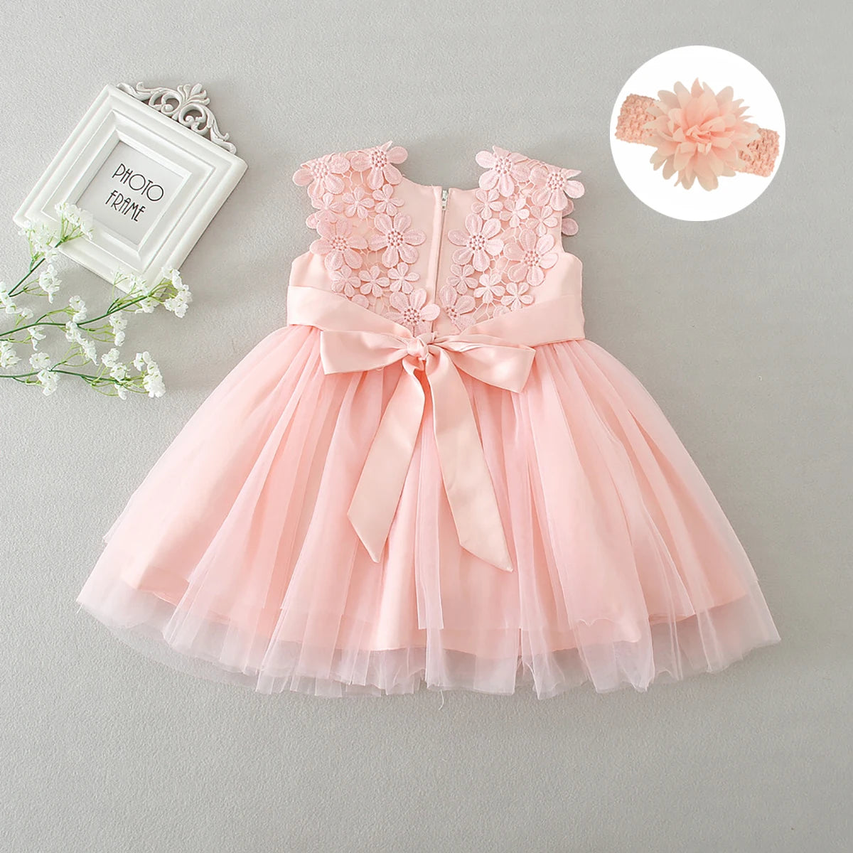 Vestido tule e renda floral - Rosa Encantado