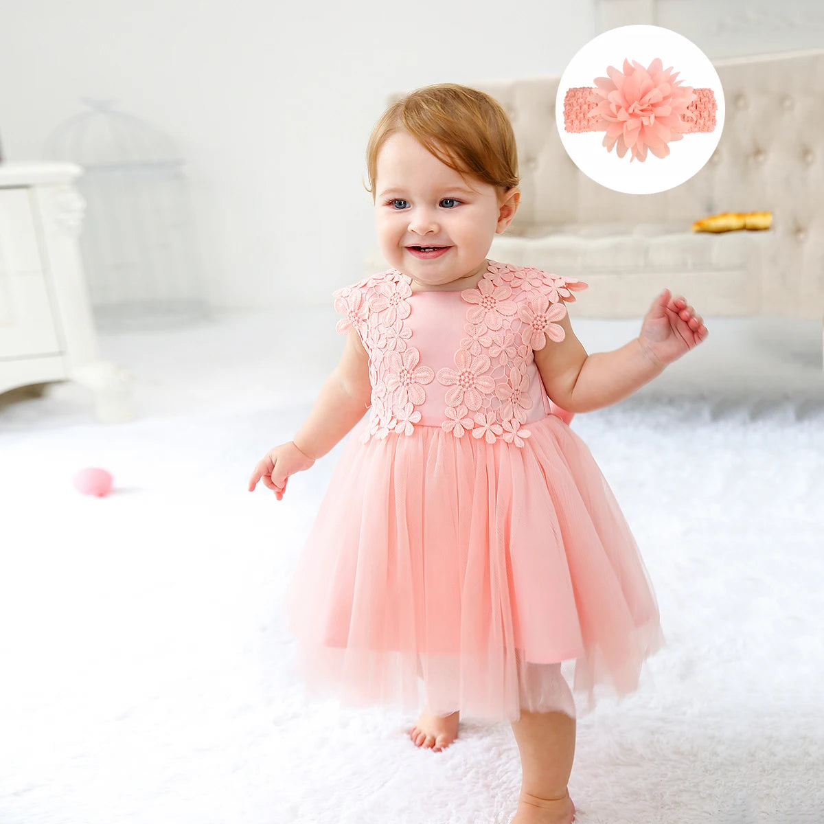 Vestido tule e renda floral - Rosa Encantado