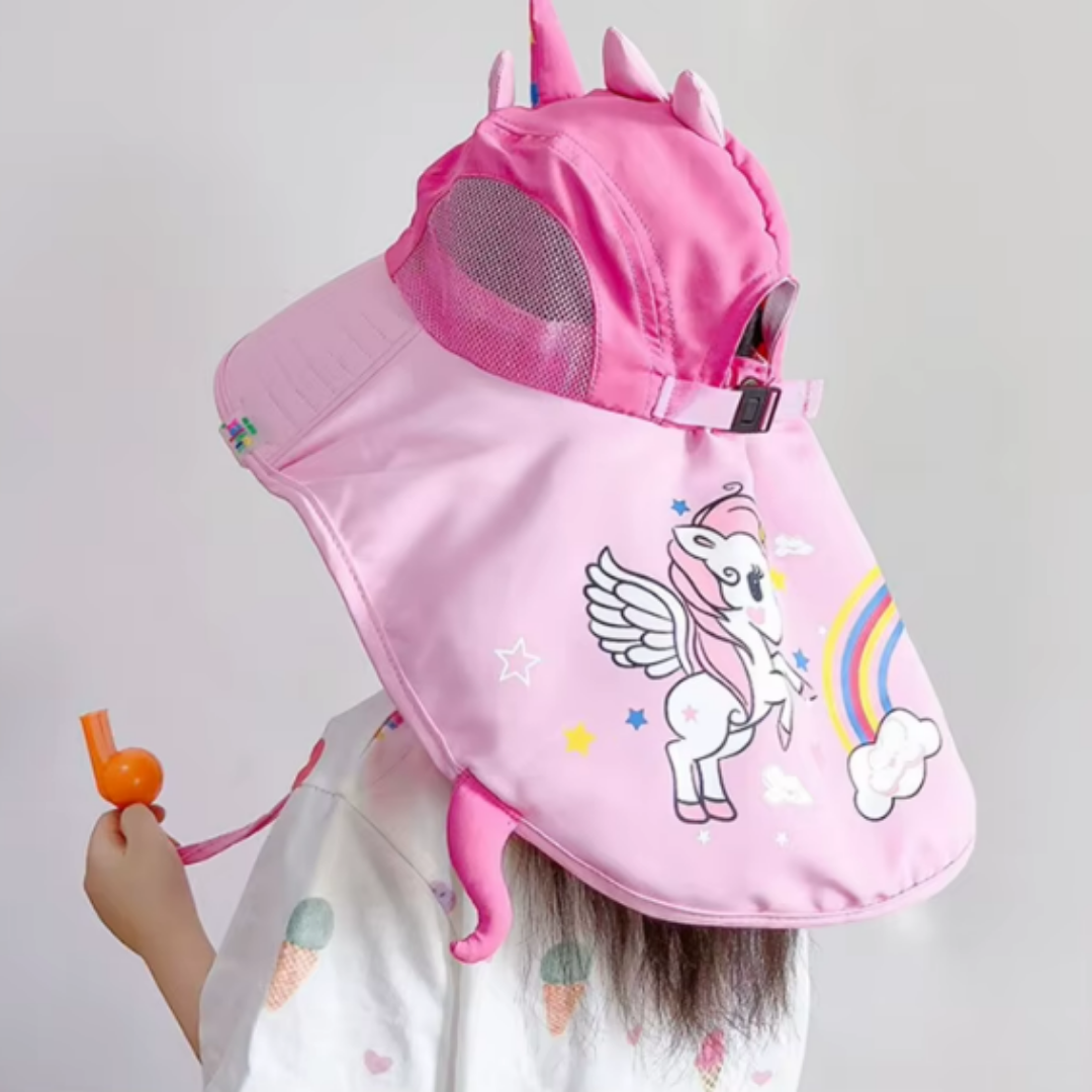 SombraKids - chapéu 360° com proteção UV, regulagem e apito chama papai e mamãe