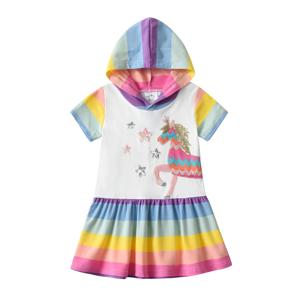Vestido Unicório e Arco-Íris com capuz + 🎁 BRINDE tiara Unicórnio