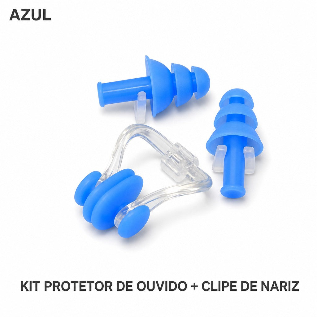 Kit protetor de ouvido e clipe de nariz na cor azul