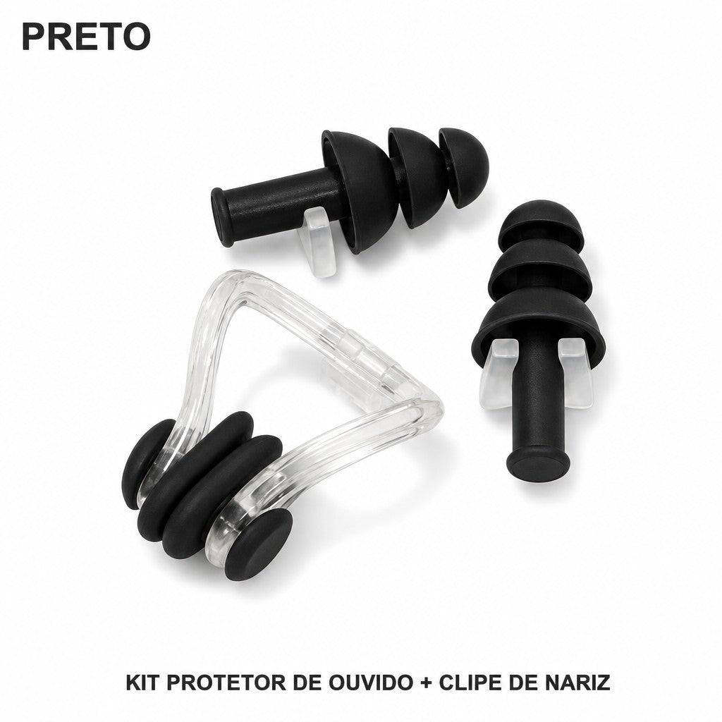 Kit protetor de ouvido e clipe de nariz na cor preta