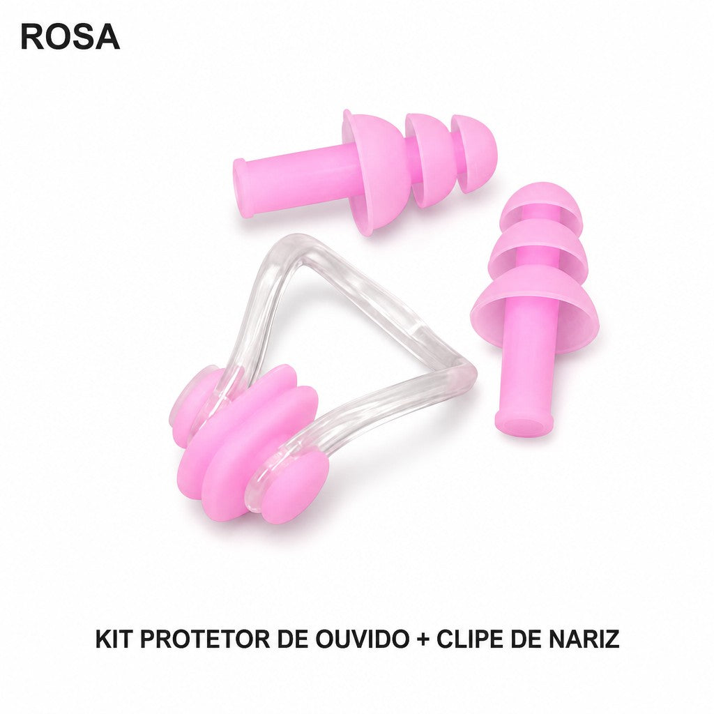 Kit protetor de ouvido e clipe de nariz na cor rosa