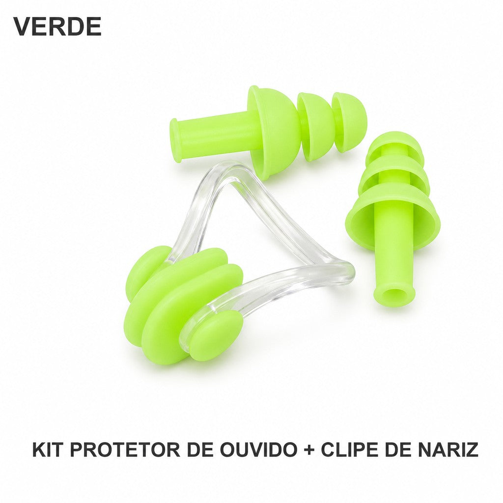 Kit protetor de ouvido e clipe de nariz na cor verde